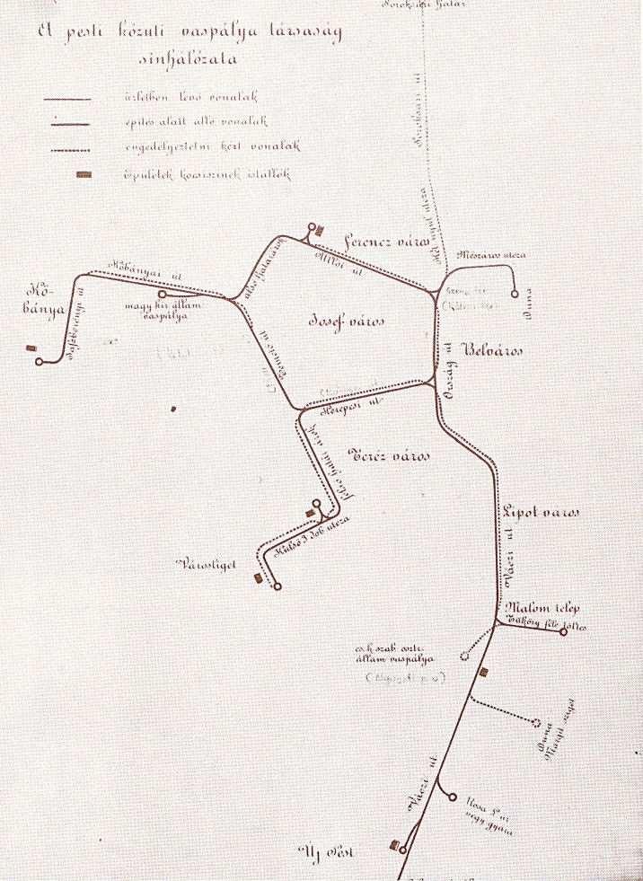Közvágóhídi vonal (1876. július 17.) 9 1. ábra: A PKVT 1869. évi vonalhálózati térképe 1867-ben Budán is megalakult a Budai Közúti Vaspálya Társaság (BKVT), amely gróf Festetich Béla nevéhez kötődött.