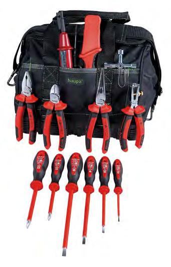 Polyester erősítésű táskák 1000 V Szerszámtáska ToolBag VDE 1000 V Szerszámtáska szakmunkástanulóknak, külső és belső zsebekkel, a fenékrész gumival erősített. 13 szerszámot tartalmaz.