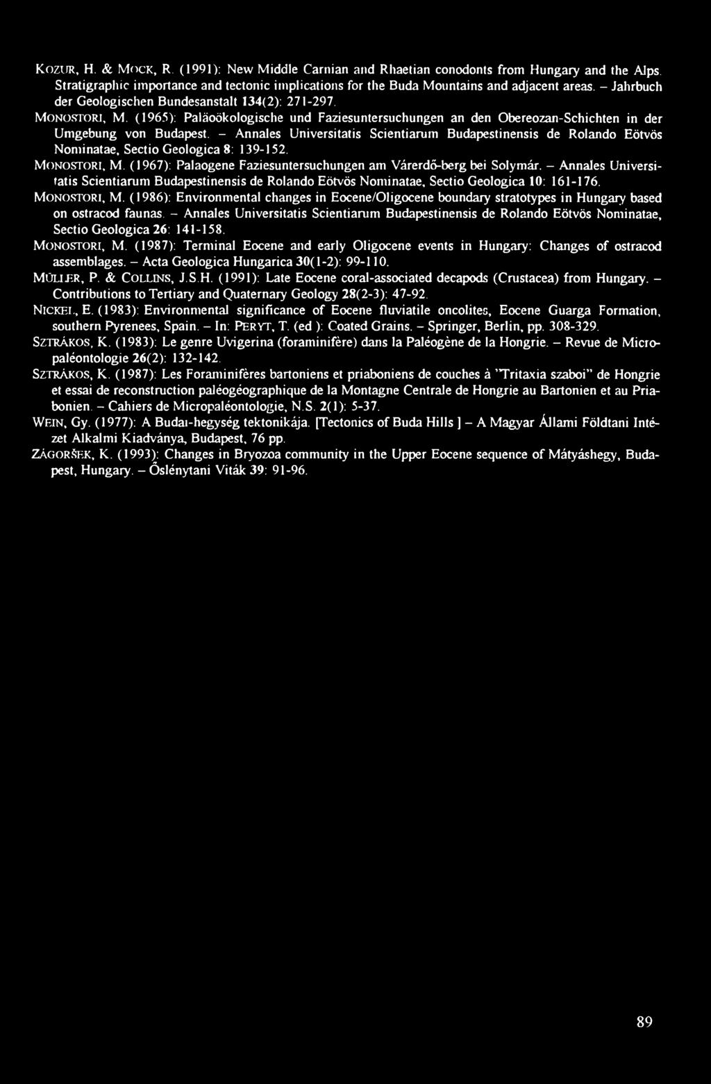 - Annales Universitatis Scientiarum Budapestinensis de Rolando Eötvös Noniinatae, Sectio Geologica 8: 139-152. Monostori, M. (1967): Palaogene Faziesuntersuchungen am Várerdő-berg bei Solymár.