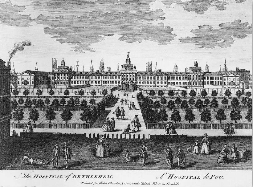14. ábra: A Hospital of Bethlem (Bedlam) második épülete 1675-76-ban London központjától Északra, a Moorfields nevű városrészben Az intézmény egyik orvosa így írta le ezeket a kezeléseket: A