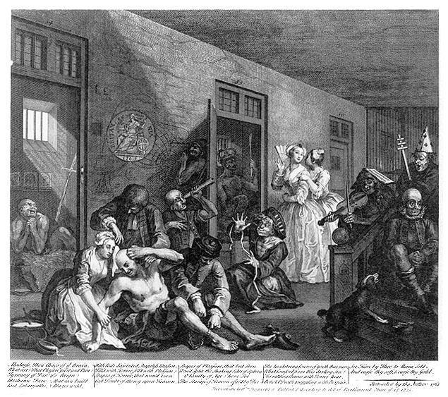 15. ábra: A Bethlem ábrázolása tébolydaként Hogarth moralizáló sorozatának utolsó képén A Bethlemben elzárt őrültek vagy az annak tartott ép elméjű emberek világa a kíváncsi külvilág szórakoztatását
