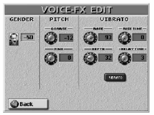 =VIBRATO DELAY TIME - Beállíthatja a éneklés elkezdésének pillanata és a vibrato effekt belépése közötti idõt. Az oldal elhagyásához, nyomja meg a [Back] mez t.