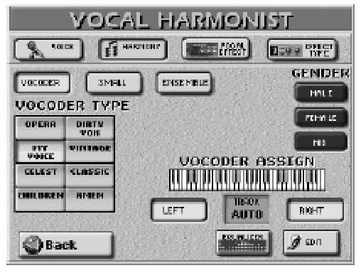 Roland E-80 Munkaállomás Vocoder beállítások Vocoder beállítások A Vocoder további szólamokat ad hozzá az ének hanghoz (Voice-FX, Auto Pitch vagy Singer).