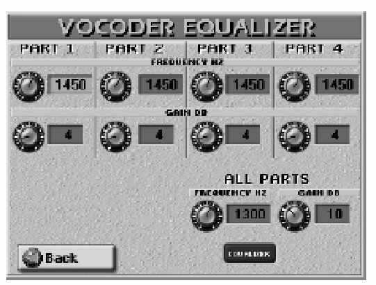 E-80 Munkaállomás A Vocal Harmonist part-ok editálása Hogyha megnyomja az [EQUALIZER] mezõt az alábbi képerny jelenik meg: Ez az oldal egy egyszerû equalizer-t tartalmaz az egyes Vocoder part-okra,