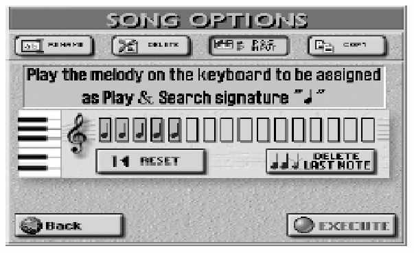 Roland E-80 Munkaállomás Munka a Song Finder-el (2) Nyomja meg az [OPTIONS] mez t.