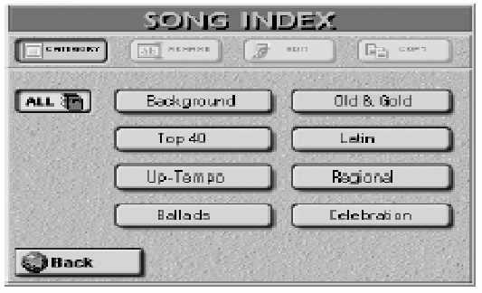 Roland E-80 Munkaállomás Munka a Song Finder-el Hogyha az [ALL] mez van kiválasztva az alábbi képerny jelenik meg.