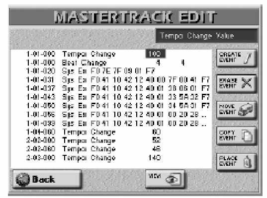 E-80 Munkaállomás A 16-sávos sequencer használata (3) Nyomja meg a [MASTER TRACK] mez t a jobb oldali oszlopban. (2) Nyomja meg a DATA ENTRY [ ] gombot, hogy kiválassza az (els ) értéket.