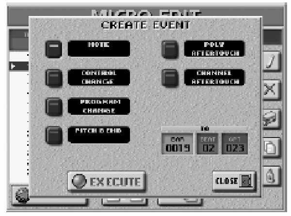 E-80 Munkaállomás A 16-sávos sequencer használata CREATE EVENT Nyomja meg ezt a gomb ikont, hogyha új eseményt szeretne hozzáadni a kiválasztott sávhoz.