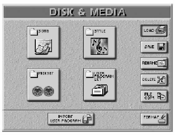 E-80 Munkaállomás Lemez/Média funkciók (2) Nyomja meg a [SAVE] mez t, majd a [SONG] mez t. (3) Válassza ki a cél médiát: [INTERNAL MEMORY], [FLOPPY] vagy [EXTERNAL MEMORY] (memória kártya).