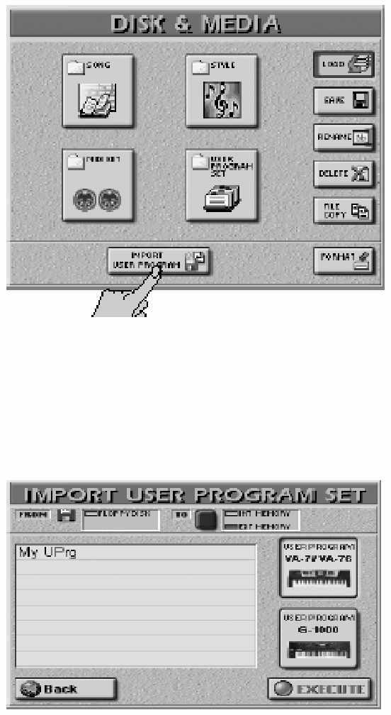 E-80 Munkaállomás Lemez/Média funkciók User program funkció importálás Az E-80 lehet vé teszi, hogy importáljon User programokat vagy Performance memóriákat, melyeket egy VA-76/VA-7 vagy