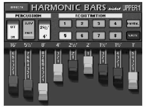 Az EASY SETTING [ORGAN] gomb megnyomásával aktiválja a MODE [HARMONIC BAR] gombot is, amely annyit jelent, hogy összesen kilenc szabályzó áll rendelkezésére regiszterként.