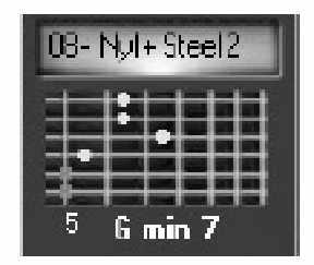 E-80 Munkaállomás Gyors kezdés Az akkord kijelzések A GUITAR MODE oldal tartalmaz egy ablakot, amely mutataja, hogy a billenty zeten leütött akkordokat a készülék hogyan alakítja át gitár akkordokká.