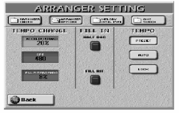 Roland E-80 Munkaállomás Tempó vonatkozású beállítások (Arranger Options) A [PRESET], [AUTO] és [LOCK] lehetõvé teszik, hogy meghatározza, hogy mi történjen egy másik stílus kiválasztásakor.