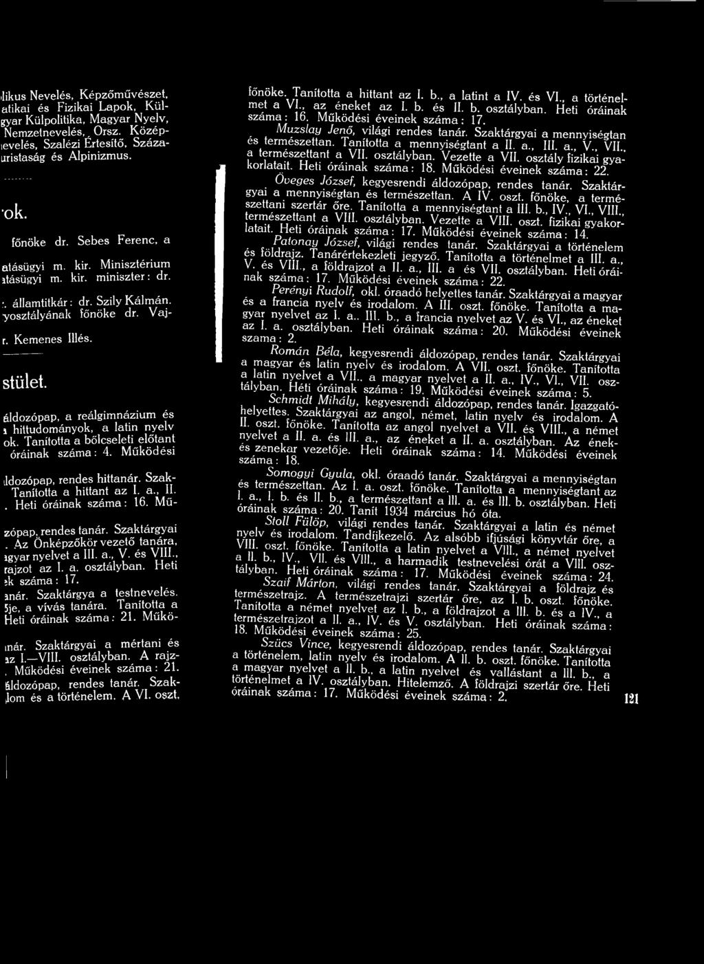 áldozópap, a reálgim názium és i hittudom ányok, a latin nyelv ok. Tanította a bölcseleti előtant óráinak szám a: 4. M űködési ildozópap, rendes hittanár. Szak- Tanította a hittant a z I. a.,.. Heti óráinak szám a : 6.
