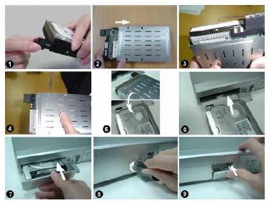 AVC780W 54 A HDD installálása A megfelelő telepítés végrehajtásához kövesse a következő lépéseket. A DVR elülső paneljén lévő rekesz a kivehető keret, ebbe kell belehelyezni a HDD-t.