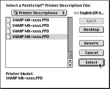 MAC OS 9.0-9.2.2 10 Válassza a PPD fájlt. 13 Válassza a gép konfigurációját. (1) (2) (1) (3) (1) Klikkeljen az Ön által használt típus PPD fájljára. (2) Klikkeljen a [Select] gombra.