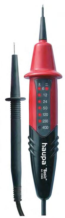 Feszültségvizsgáló Basic + A kétpólusú fesz.kémlelő megbízhatóan jelez egyen és váltófeszültséget egyaránt 6-400 V tartományban 7 lépésben LED enként (6, 12, 24, 50, 120, 230 und 400).