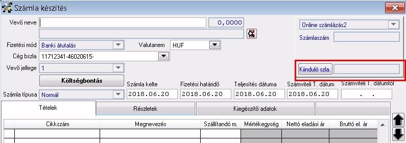 Ezért hoztunk létre a számlázási képernyőn egy új mezőt, amelynek neve: Kiinduló szla. Ez a számlázási képernyőn a jobb felső sarokban található meg.