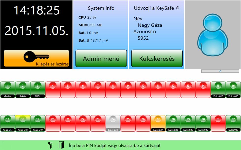 Kulcskezelés Kulcstérkép Sikeres bejelentkezés után a szoftver felrajzolja az Ön rendelkezésre álló kulcsokat a kijelzőn (mutatja a kulcs helyét a kijelzőn).