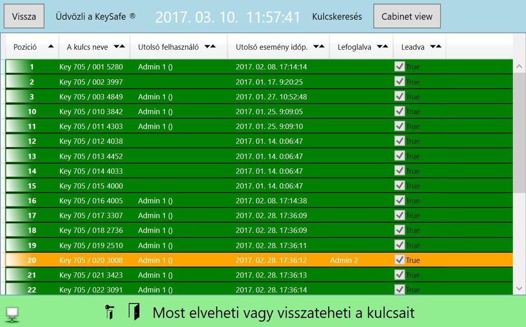 Kulcskeresés (hol vannak a kulcsaim?) Bejelentkezés után a Kulcskeresés menüpontban tekinthetjük meg a kulcsaink pozícióját a szekrényben, illetve a kulcsok neveit.