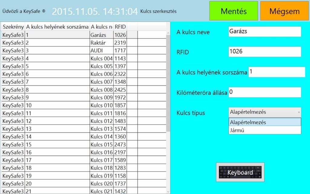 Kulcs szerkesztése Az Admin menü Kulcsszerkesztés menüpontjában tudjuk elnevezni az egyes kulcsokat, pl. raktár, Audi, garázs, illetve az RFID azonosítójukat, helyüknek sorszámát megváltoztatni.