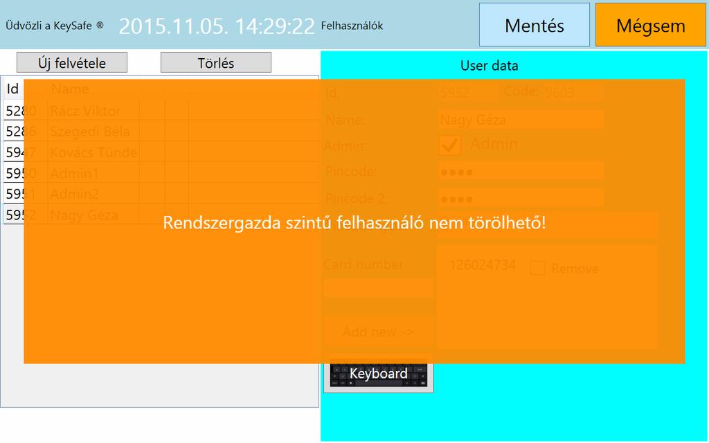 Kulcsfelhasználói jogok adása / elvétele felhasználóktól Az Admin menü Kulcsjogok menüpontjában van lehetőség jogot adni egy kulcshoz a felhasználónak, valamint egy adott kulcshoz való jogának