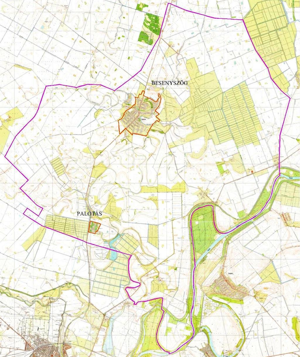 Besenyszög kül- és belterületi ábrázolása topográfiai térképen Besenyszög város a Duna-Tisza közében, Jász-Nagykun-Szolnok megye É-i határán fekszik.