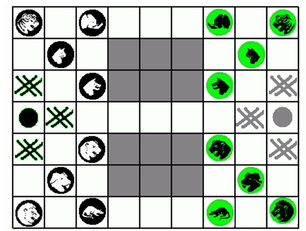 DZSUNGEL (sakk-előzetes nemcsak kicsiknek) Sötét és világos 8-8 állatot formázó bábujával az ellenfél barlangjának elfoglalásában versenyez.