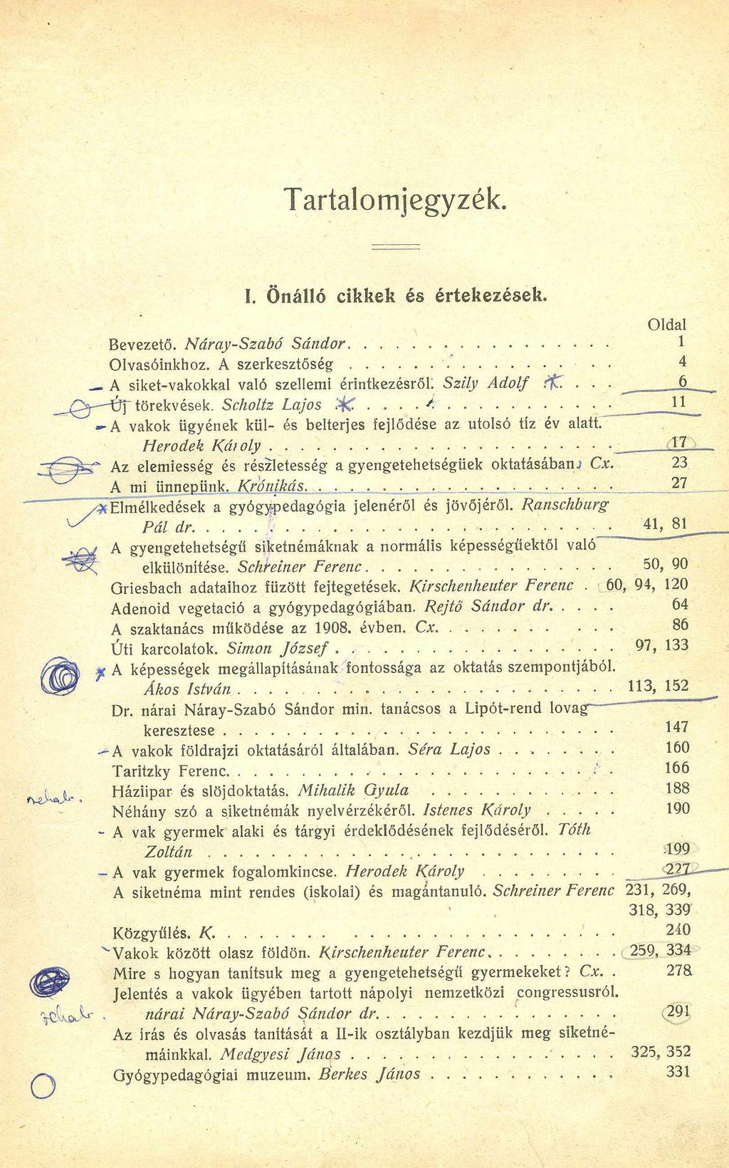 Tartalomjegyzék. I. Önálló cikkek és értekezések. Oldal Bevezető. Náray-Szabó Sándor... 1 Olvasóinkhoz. A szerkesztőség... 4 _A siket-vakokkal való szellemi érintkezésről; Szily Adolf dfc.