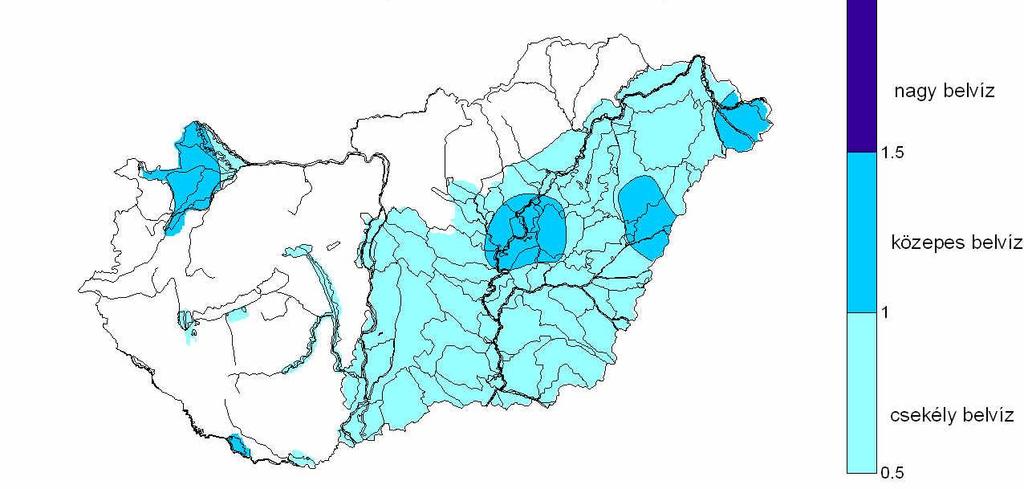 A belvízindex (PBI) előrejelzett értékei szerint átlagosan csapadékos februárt és márciust feltételezve közepes mértékű belvíz (PBI=1,0-1,5) alakulhat ki a Kisalföldön, a Közép- Tisza vidékén, a