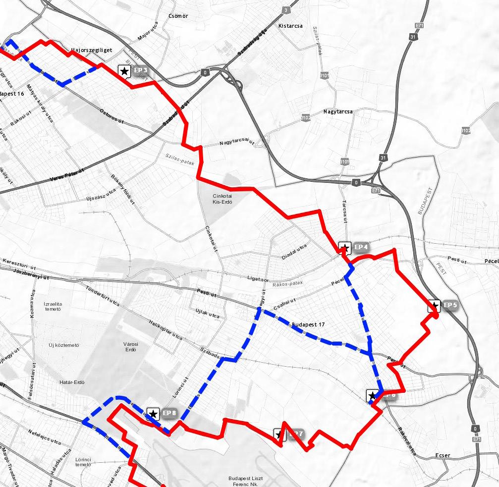 Pest határán kerékpáros teljesítménytúra útvonala szaggatott vonal: kerülőutak országúti kerékpárral 20 km 3. ep 25 km 4. ep 30 km 5.