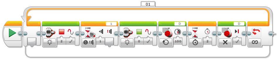 ezt. A beállított ciklusnak köszönhetően ezt a programot végtelenszer ismétli az EV3 tégla. 139. ábra: Példaprogram programozás a téglán Ha a 139.