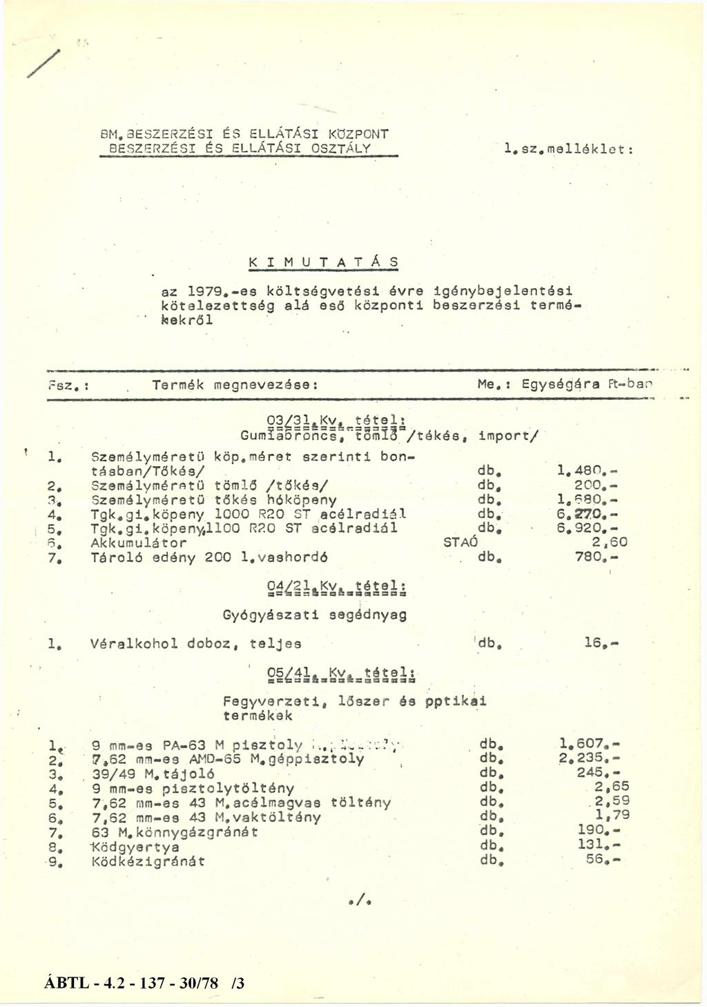 BM. B E SZER Z É SI ÉS ELLÁTÁ SI KÖZPONT B E SZER Z É SI ÉS ELLÁTÁ SI OSZTÁLY 1. s z. m e l l é k l e t : K I M U T A T Á S az 1 9 7 9.