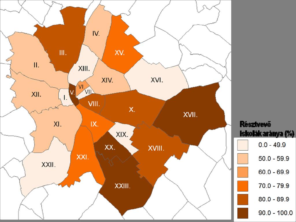 A fővárosban, kisebb területi egységenként (kerületenként) vizsgálva a részvételi arányt, szembetűnő, hogy itt is jelentős eltérések mutatkoztak [15. Melléklet].