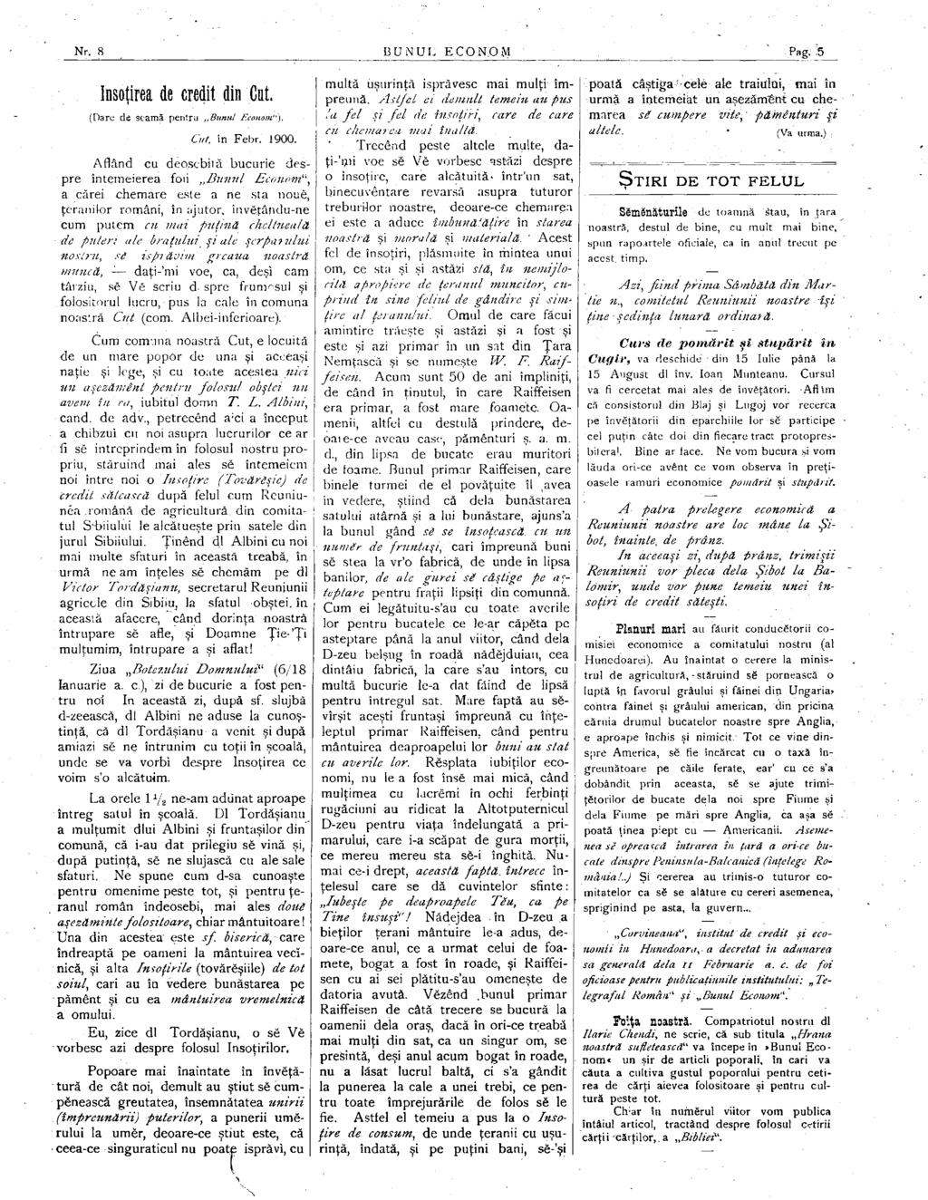 Nr. 8 BÜNUL ECON.OM PagriS însoţirea de credit din Cut. (Dare de scamă perilru Bunul Econom"). Cut. in Febr. 1900.