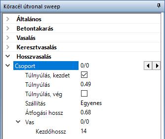 110 Köracél útvonal sweep Allplan 2018 Hosszvasalás paraméterei A Hosszvasalásnál az ugyanazzal a pozíciószámmal rendelkező vasak egy csoportba lesznek összefogva.