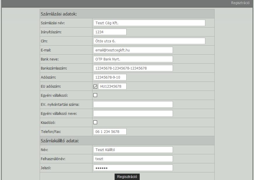 Itt, ahogy a képen is látható, a Számla kiállító adatait kell megadni, illetve a bejelentkezéshez szükséges felhasználónevet és jelszót.
