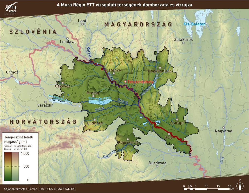 3. ábra: A térség domborzata és vízrajza Őrtilosnál a Dráva mintegy 45-55 cm/km eséssel rendelkezik, amihez 1,5-1,8 m/s körüli középsebesség tartozik.
