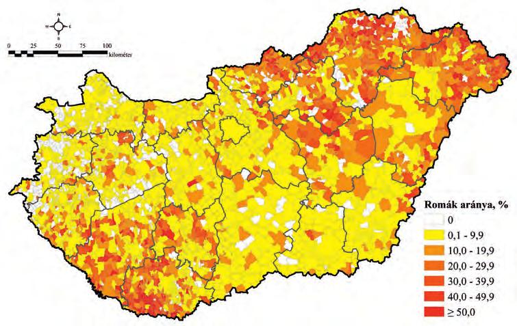 1. ábra A roma lakosság aránya a településeken 2010-13-ban, % Forrás: a Debreceni Egyetem felmérése alapján Figure 1 The ratio of the