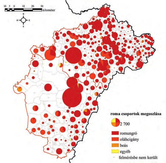 3. ábra A roma csoportok lélekszáma és megoszlása Hajdú-Bihar és Szabolcs-Szatmár-Bereg megye vizsgált településein 2016-ban.