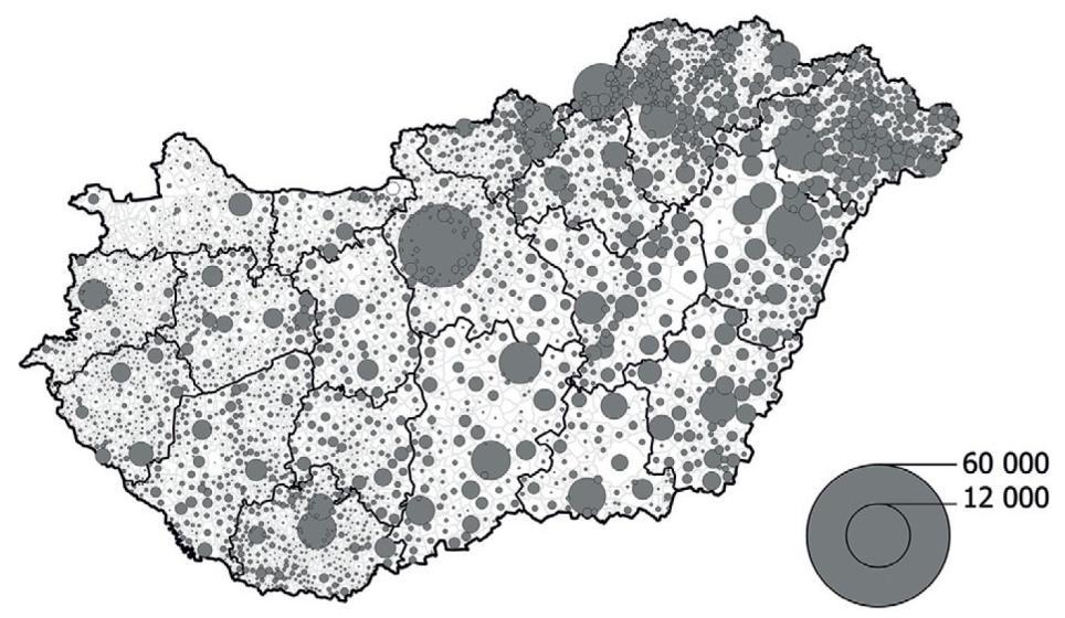 1. ábra. A közfoglalkoztatottak területi koncentrációja Magyarország településein (fő, 2011) Figure 1.