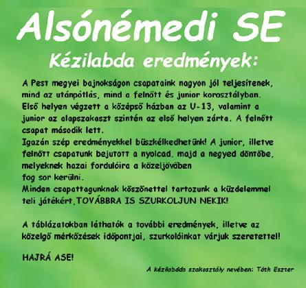 00-IG PEST MEGYE NŐI JUNIOR BAJNOKSÁG ALAPSZAKASZ VÉGEREDMÉNYE hely csapat M GY D V LG KG GK PONT U 7 KOVÁCS LÁSZLÓ RÉGIÓ (LEGUTÓBBI EREDMÉNYEK) ALSÓNÉMEDI SE-INÁRCS ÖRKÉNY KC 8:7 ALSÓNÉMEDI