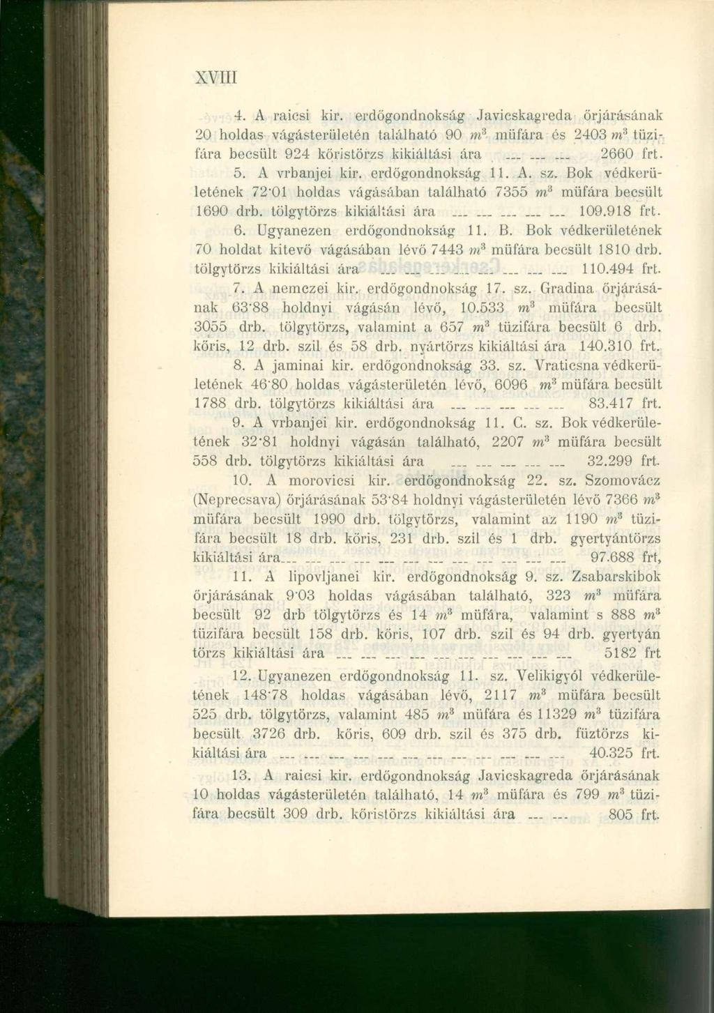 XVIII 4. A raicsi kir. erdögondnokság Javicskagreda őrjárásának 20 holdas vágásterületén található 90 ni 6 müfára és 2403 m 3 tűzifára becsült 924 kőristörzs kikiáltási ára......... 2660 frt. 5.