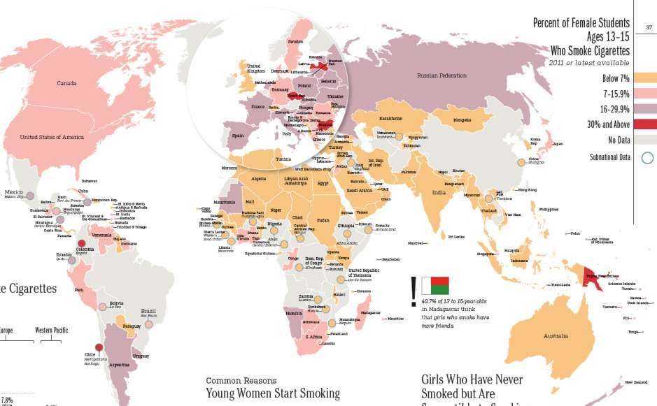 Percent of female students ages 13-15 who smoke cigarettes Eriksen M, Mackay J, Ross H. The Tobacco Atlas.