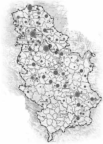 21. ábra: Szerbia iparának területi eloszlása, 2010. Forrás: Prostorni plan RS, 2010.
