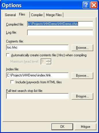 Beállítások: Options/Files Change project options:files HHDemo.hhp - options [OPTIONS] Compatibility=1.1 or later Compiled file=hhdemo.chm Contents file=toc.