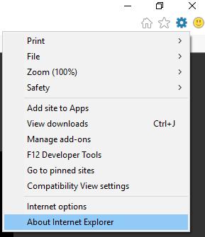 1) Ellenőrizzük, hogy az Internet Explorer verziószáma 9 vagy afölötti, ehhez keressük az Internet Explorer esetén a Névjegy vagy "About Internet Explorer"