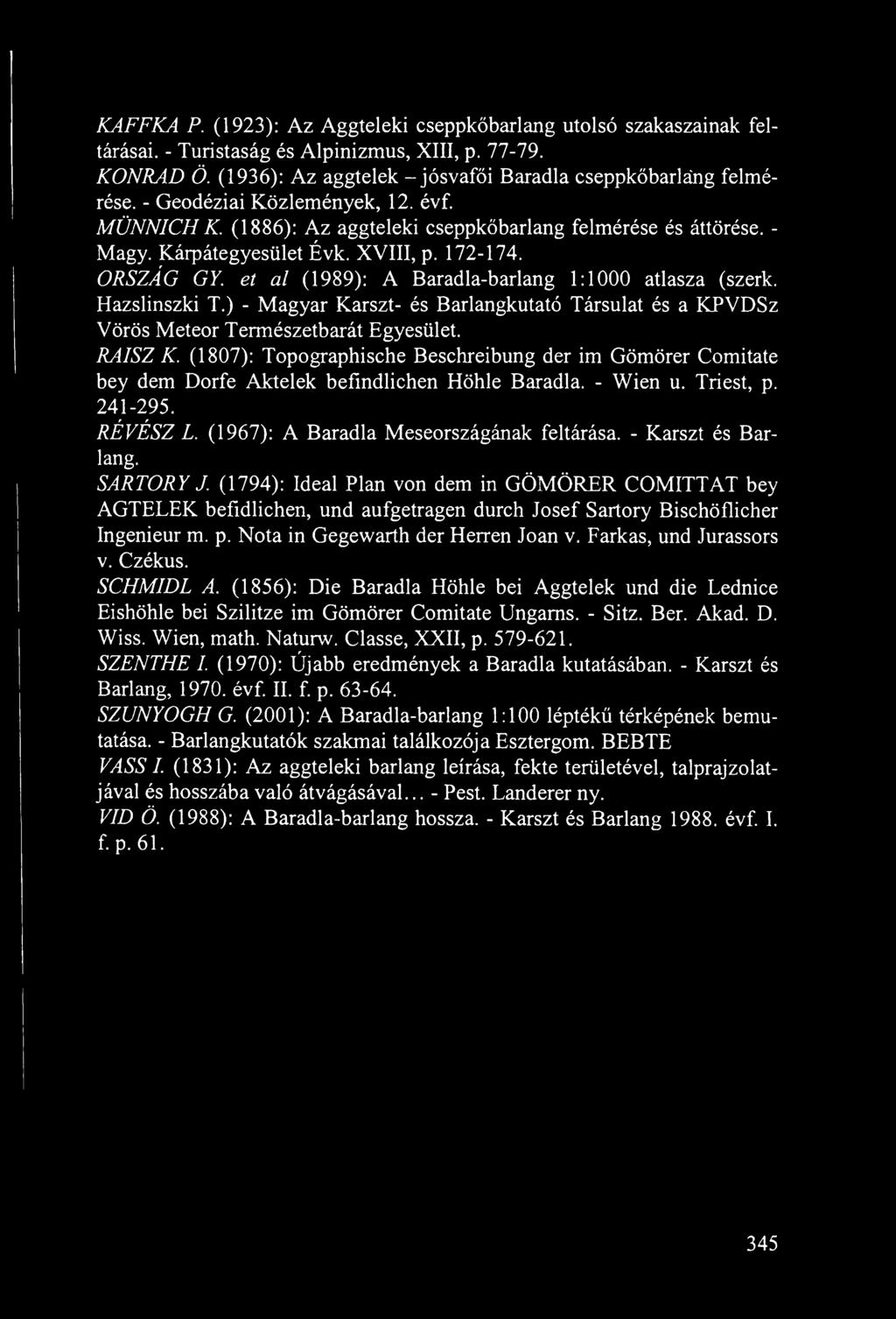 eí al (1989): A Baradla-barlang 1:1000 atlasza (szerk. Hazslinszki T.) - Magyar Karszt- és Barlangkutató Társulat és a KPVDSz Vörös Meteor Természetbarát Egyesület. RAISZ K.