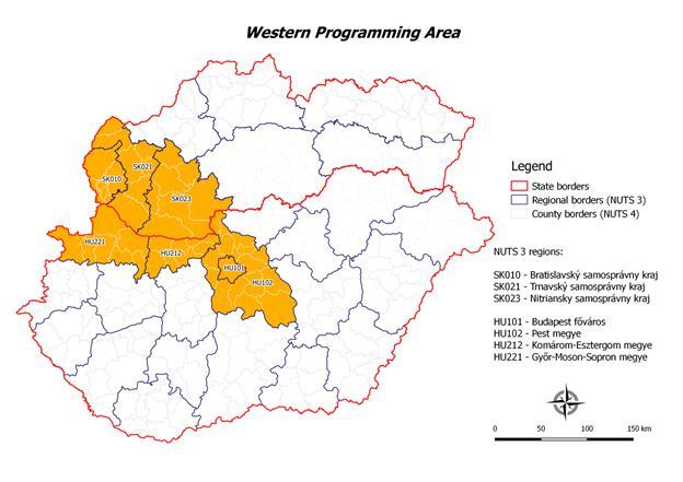 A nyugati programterület lefedettségét a következő térkép ábrázolja: A keleti programterületen meghatározott jogosult régiók 2 szlovákiai NUTS3 régiót és 4 magyarországi NUTS3 régiót foglalnak