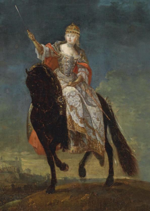 MÁRIA TERÉZIA koronázási emlékérem, ezüst, 1741 A koronás, palástos Mária Terézia ágaskodó lován sújtásra emelt karddal a koronázási kardvágást